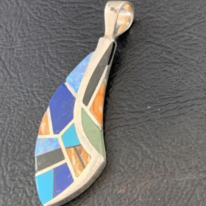 Navajo Spiny Blue Opal Lapis Pendant | Sterling Silver Inlay | Authentic Native American Handmade | 12276