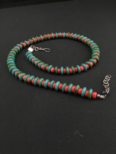 Native American Men's Turquoise & Coral Bead Necklace | Navajo Sterling Silver | 22" | 3712