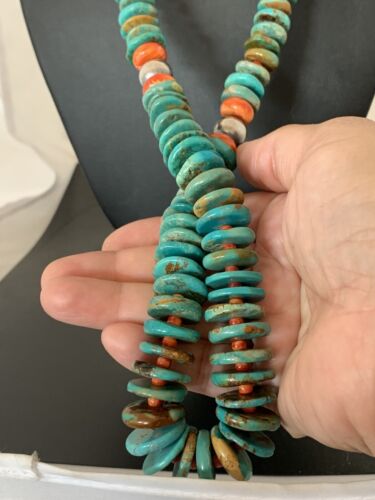 Navajo Sterling Silver Necklace | Natural Green Turquoise & Spiny Oyster | Graduated | Authentic Native American | 28" | 00328