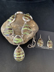 Navajo Green Gaspeite Necklace Choker Earrings Set | Sterling Silver Pendant | 19" | Authentic Native American Handmade | 13795