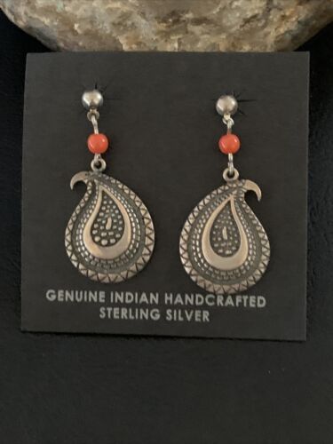 Old Pawn Southwestern Coral Dangle Earrings | Sterling Silver | 1" | 12995