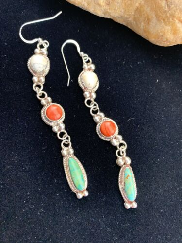 Navajo Howlite, Spiny Oyster & Turquoise Dangle Earrings | Sterling Silver | Authentic Native American Handmade | 1629