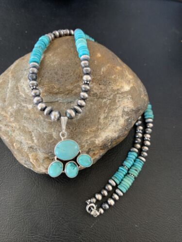 Navajo Pearl Necklace with Blue Cluster Turquoise Pendant | Sterling Silver | 12498