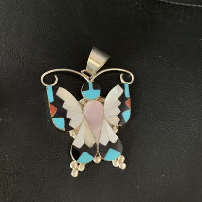 Zuni Butterfly Pendant Necklace | Turquoise Mother of Pearl Onyx Inlay | Sterling Silver | 13684