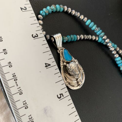 Navajo Pearl Necklace with Blue Turquoise Bullhead Pendant | Authentic Native American Sterling Silver | Multi-Stone | 11755