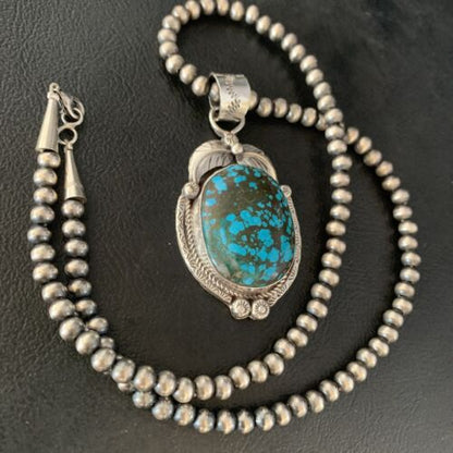 Navajo Spiderweb Turquoise Pendant Necklace | Sterling Silver | 2.25" | Authentic Native American Handmade | 14061