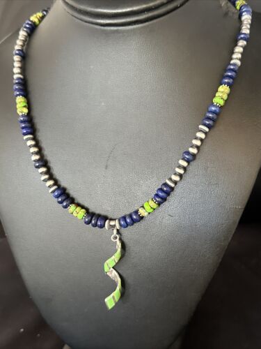 Navajo Green Turquoise Lapis Pendant Inlay Necklace | Sterling Silver | Authentic Native American Handmade | 14635