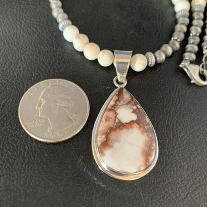 Navajo Pearls Necklace with Wild Horse Turquoise Pendant | Sterling Silver | Authentic Native American Handmade | 13902