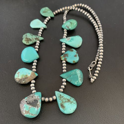 Southwestern Navajo Pearls Necklace | Sterling Silver Blue Turquoise Teardrop | 13149