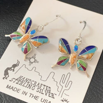 Navajo Butterfly Turquoise Spiny Opal Inlay Earrings | Sterling Silver | 0.5" | 12012