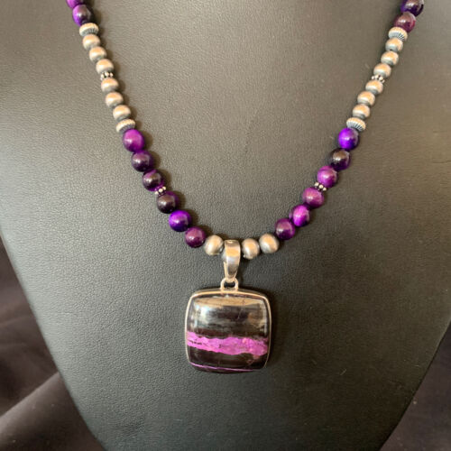 Navajo Pearls Purple Sugilite Onyx Necklace Pendant | Sterling Silver | Authentic Native American Handmade | 13396