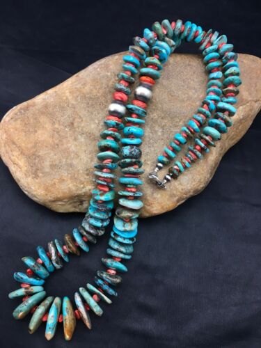 Navajo Turquoise & Spiny Oyster Graduated Necklace | Sterling Silver | Authentic Native American | 29" | 4362