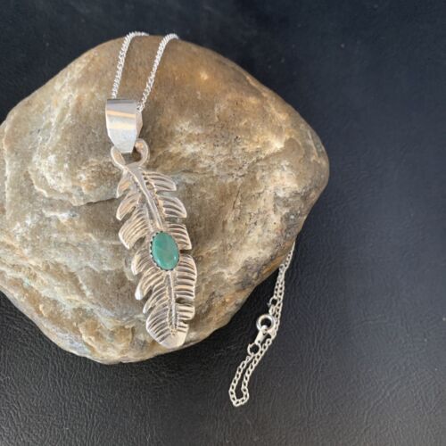 Navajo Green Turquoise Feather Pendant Necklace | Sterling Silver | 16" | Authentic Native American Handmade | 13685