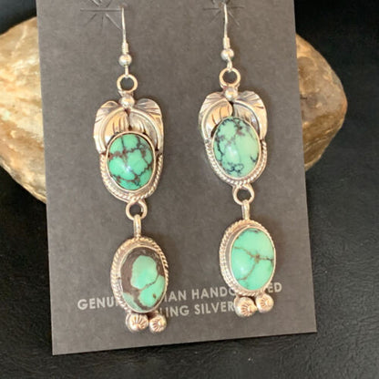 Navajo Green Spiderweb Turquoise Dangle Earrings | Sterling Silver | Authentic Native American Handmade | 13549