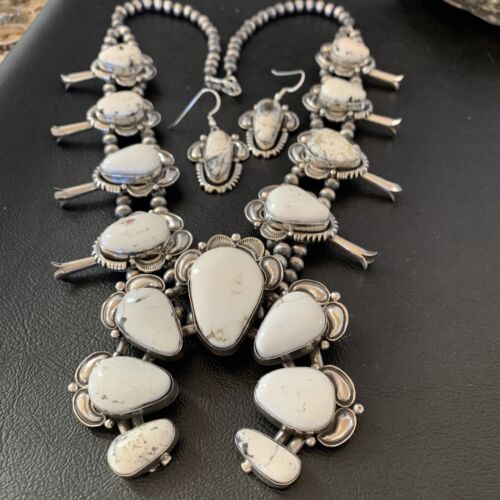 Navajo White Buffalo Turquoise Sterling Squash Blossom Necklace | Naja Pendant | 10957