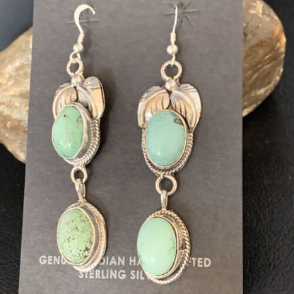 Navajo Green Spiderweb Turquoise Dangle Earrings | Sterling Silver | Authentic Native American Handmade | 13548