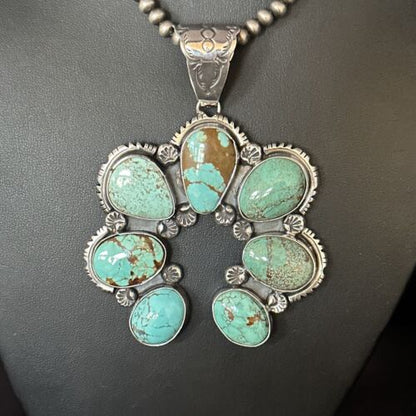Navajo Blue #8 Turquoise Squash Blossom Necklace Pendant | Authentic Native American Sterling Silver | Naja | 14355