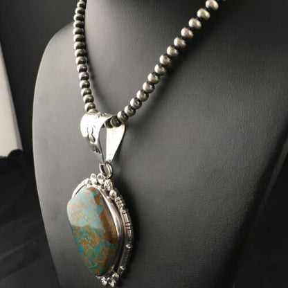 Navajo Blue #8 Turquoise Pendant | Sterling Silver | 3" | Authentic Native American Handmade | 10157