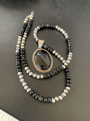 Native American Men's Navajo Pearl Necklace Pendant | Sterling Silver Black Onyx | 11738
