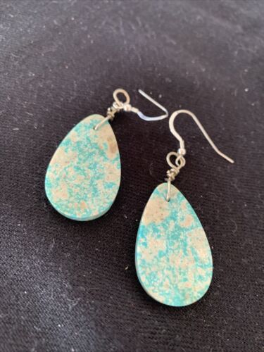 Navajo Slab Turquoise Dangle Earrings | Sterling Silver | Authentic Native American Handmade | 1356