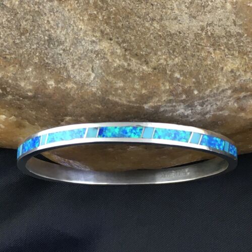 Navajo Blue Opal Inlay Bracelet | Sterling Silver | 8"  Bangle | Authentic Native American Handmade | 10195