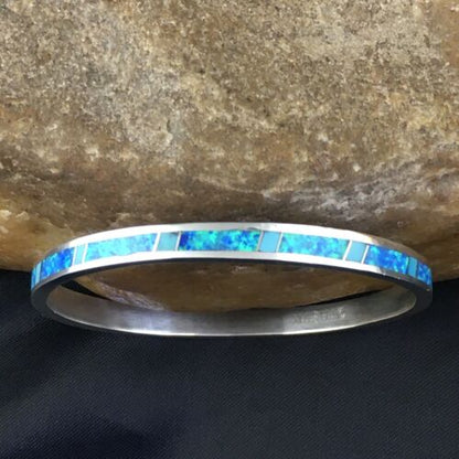 Navajo Blue Opal Inlay Bracelet | Sterling Silver | 8"  Bangle | Authentic Native American Handmade | 10195