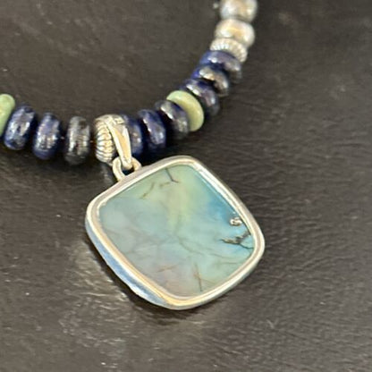 Navajo Green Turquoise Lapis Necklace with Opal Pendant | Sterling Silver | Authentic Native American Handmade | 14368
