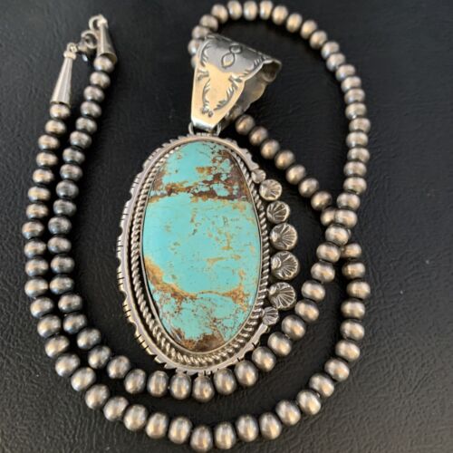 Navajo Pearls Sterling Silver Necklace with Blue #8 Turquoise Pendant | 3" | Authentic Native American Handmade | 13937 - Masha USA