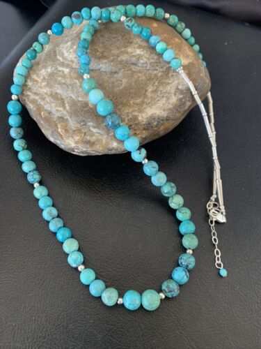 Navajo Women's | Natural Blue Turquoise Bead Necklace | Sterling Silver | 25" | Authentic Native American Handmade | 11664