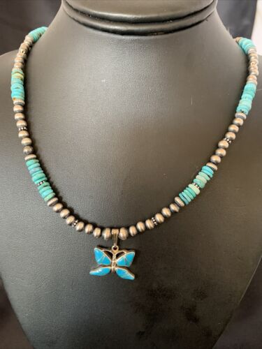 Navajo Pearl Sterling Silver Butterfly Turquoise Necklace Pendant | Authentic Native American Handmade | 12559