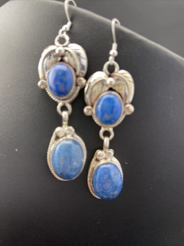 Native American Navajo Denim Lapis Dangle Earrings | Sterling Silver | 2" | 01792 - Masha USA