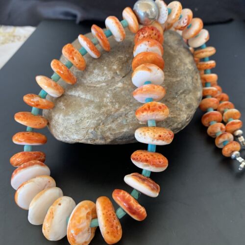 Authentic Native American Navajo Necklace | Orange Spiny Oyster & Turquoise | Sterling Silver | 22" Graduated | 11388