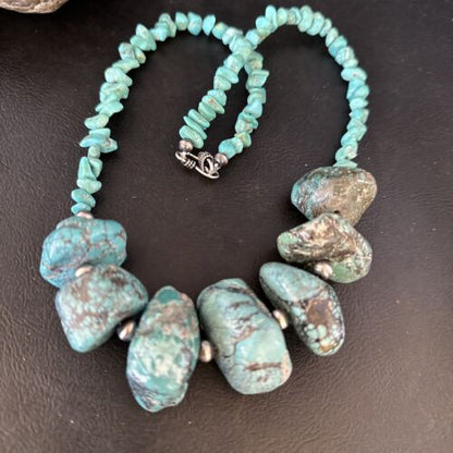 Navajo Chunky Blue Turquoise Nugget Necklace | Sterling Silver | Authentic Native American Handmade | 20" | 14415