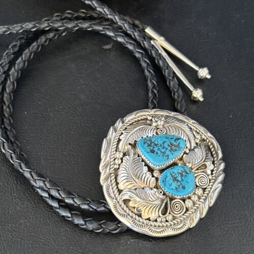 Native American Men's Bolo Tie | Blue Kingman Turquoise | Sterling Silver | Navajo Handmade | 14280