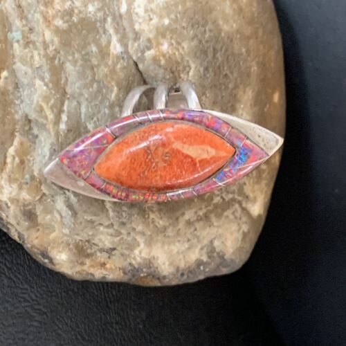 Navajo Red Spiny Oyster Opal Inlay Ring | Sterling Silver | Sz 10 | Authentic Native American Handmade | 12844