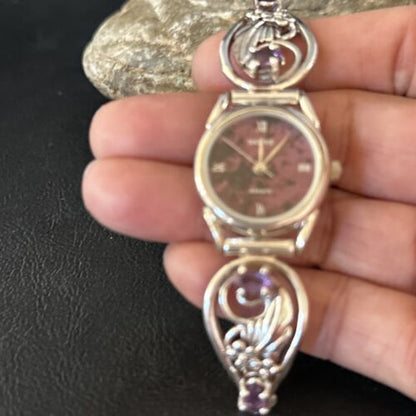 Authentic Navajo Sterling Silver Wrist Watch Tips | Purple Amethyst Feather Design | Women's Jewelry | 14315