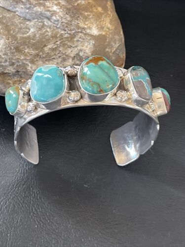 Men's Navajo Blue Turquoise Cuff Bracelet | Sterling Silver | 5 Stones | Authentic Native American Handmade | 01886 - Masha USA