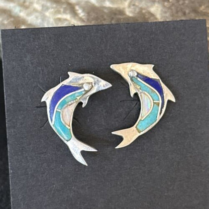 Navajo Multi-Color Dolphin Earrings | Turquoise Lapis Inlay | Sterling Silver | Authentic Native American Handmade | 14657