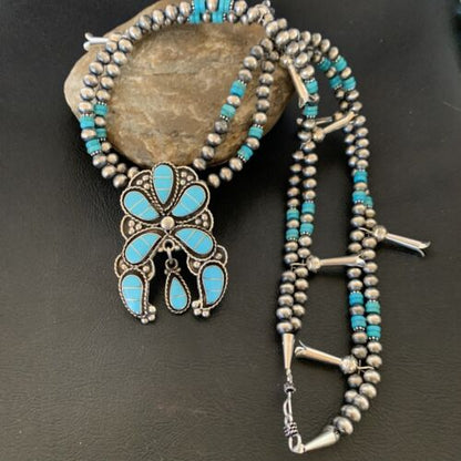 Zuni Sleeping Beauty Turquoise Inlay Necklace | Sterling Silver Squash Blossom | 12232