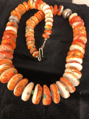 Authentic Native American Navajo Necklace | Orange Spiny Oyster & Turquoise | Sterling Silver | 22"