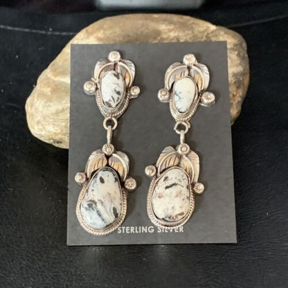Navajo White Buffalo Turquoise Dangle Earrings Set | Sterling Silver | Authentic Native American Handmade | 13753