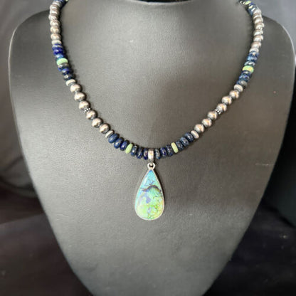 Navajo Green Turquoise Lapis Necklace with Opal Pendant | Sterling Silver | Authentic Native American Handmade | 14370