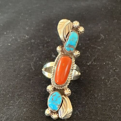 Navajo Kingman Turquoise & Coral Ring | Authentic Native American Sterling Silver | Multi-Stone | Sz 9 | 1294