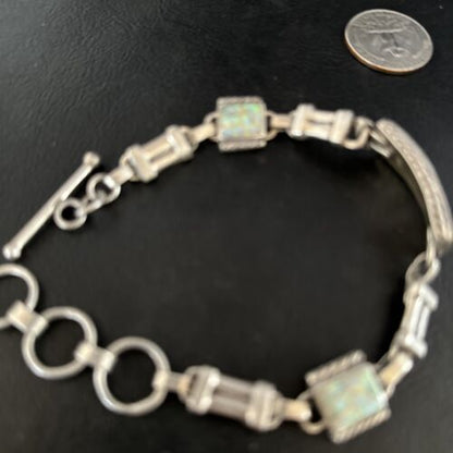 Navajo White Opal Inlay Link Bracelet | Sterling Silver | 8" | Authentic Native American Handmade | 14259