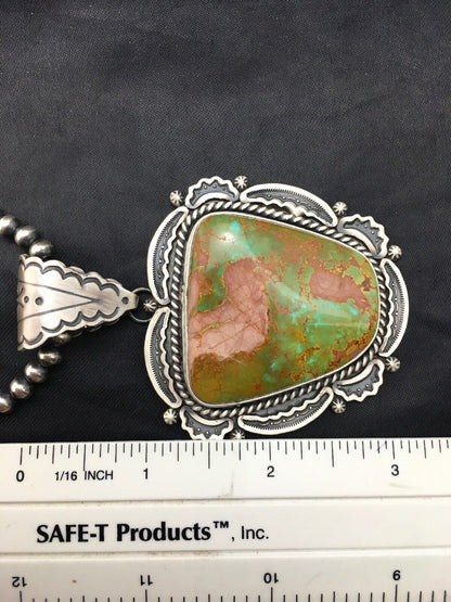 Royston Turquoise Pendant | Navajo Pearls Sterling Silver Necklace | Authentic Native American Handmade | 4276