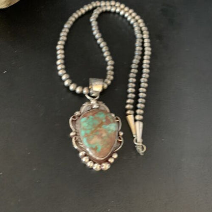 Men's Navajo Green Royston Turquoise Pendant Necklace | Sterling Silver | Authentic Native American Handmade | 13662 - Masha USA
