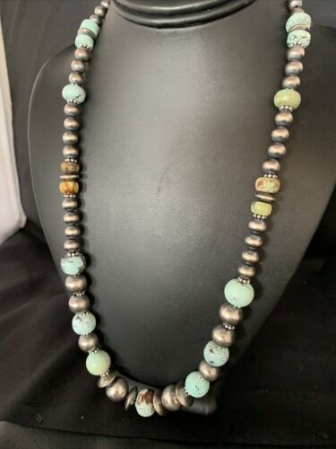 Dry Creek Turquoise Navajo Pearls Beaded Necklace | Sterling Silver | 25" | Authentic Native American Handmade | 14103 - Masha USA