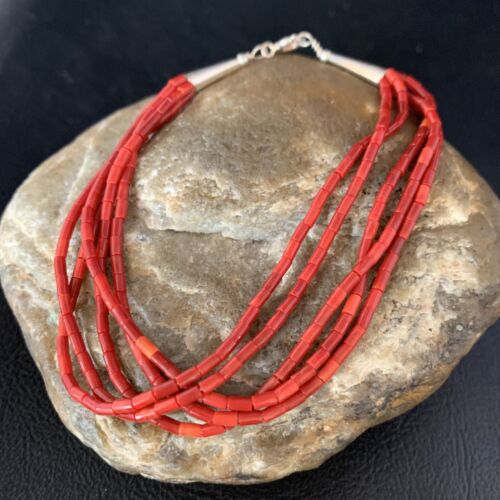 Handmade Liquid Silver 5-Strand Red Apple Coral Heishi Bracelet | Sterling Silver | 7.5" | 13610