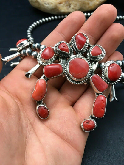 Navajo Coral Naja Pendant | Sterling Silver Squash Blossom Necklace & Earrings Set | 4176 - Masha USA