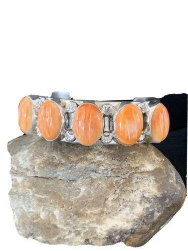 Native American Sterling Navajo Orange Spiny Oyster Row Cuff Bracelet1409